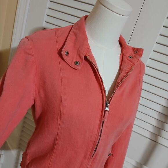 Newport News Jeanology Sz 4 Coral Cotton/Spandex Blend Jean Jacket Zip-Pockets - Picture 5 of 15